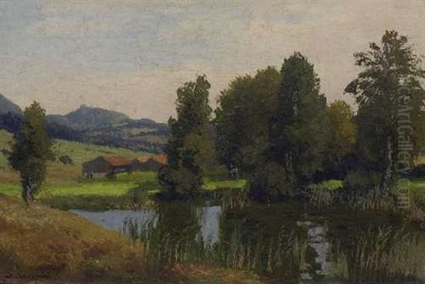 Weiher In Hugeliger Landschaft by Josef Schoyerer