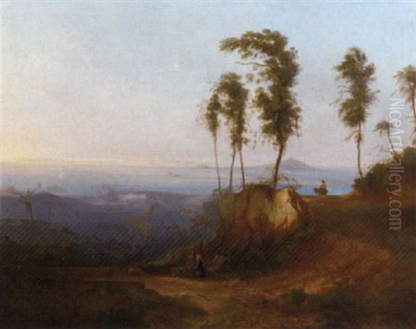 A Mediterranean Landscape With Travellers On A Path by Conrad Peter Schreiber