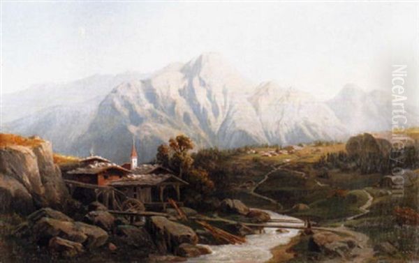 Abendstimmung Uber Schweizer Bergdorf, Mit Alter Muhle by Friedrich Wilhelm Schreiner