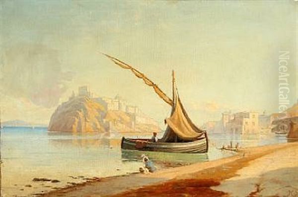 Coastal Scene From The Bay Of Naples, In The Background The Island Of Ischia by Harald Peter William Schumacher