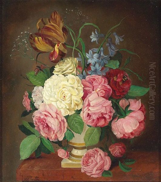 Still Life With Roses And Tulips by Josef Schuster