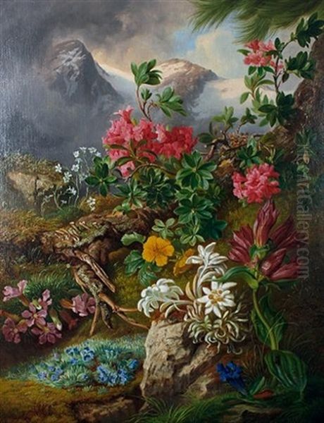 Still Life Of Alpine Flowers In A Landscape by Josef Schuster