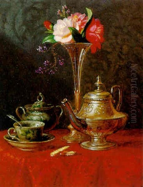 Fruhstucksstilleben Mit Flotenvase Und Bunten Bluten, Silberner Kanne, Tasse Und Zuckerdose by Josef Schuster