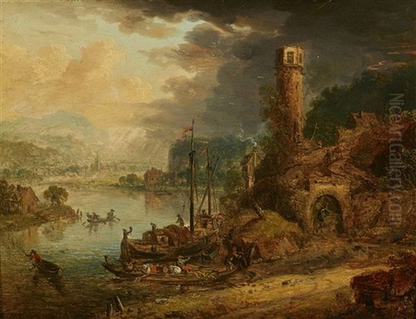 Rhine Landscape With Cargo Ships And A Watchtower by Franz Schuez