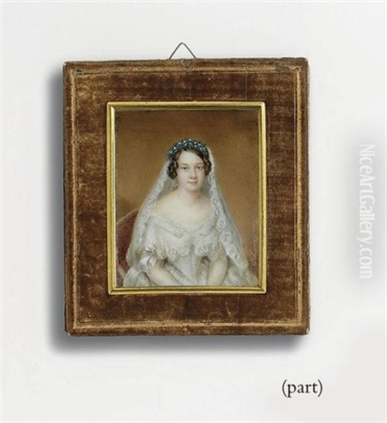 Freifrau Von Schwarz-semborn, Nee Dambock, As A Bride, In White Off-the-shoulder Dress With Lace Collar, White Lace Veil With Foliage Headress, Drop Gem-set Earring (set Of 2 Works) by Richard Schwager