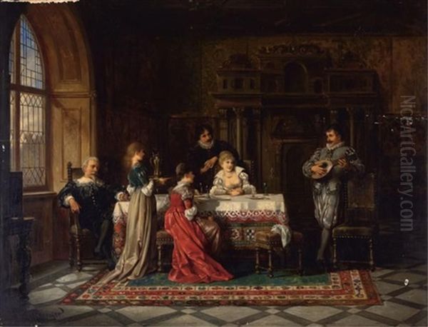 Interior Scene With Elegantly Dressed Figures Seated Around A Table While A Man Plays A Mandolin by Karl Schweninger the Younger