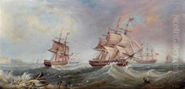 Sailing Ships Off A Coast by John Scott