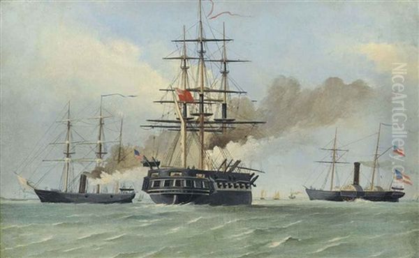 H.m.s. Shannon Enforcing International Law Between The Union Gunboat Tuscarora And The Confederate Blockade-runner Thomas L. Wragg In Southampton Water, 3rd February 1862 by Charles Henry Seaforth