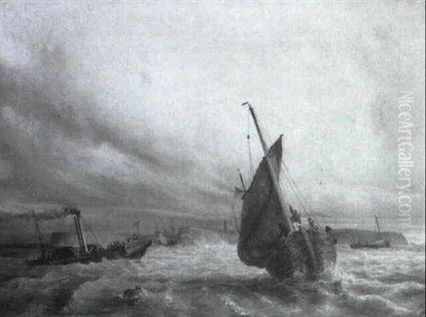 Fischerboot Und Raddampfer Vor Einer Hafeneinfahrt by Hermann Ludwig Seefisch