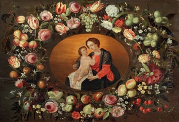 Vierge A L'enfant Entouree D'une Guirlande De Fleurs by Daniel Seghers