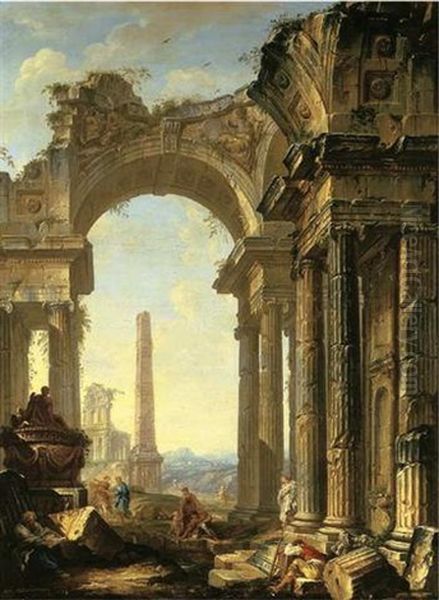 A Capriccio Of A Ruined Ionic Temple And An Obelisk With Figures by Jean Nicolas Servandoni