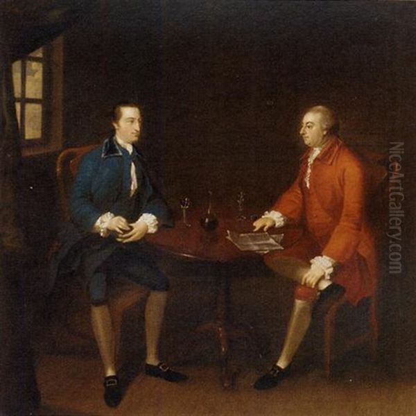 Two Gentlemen Seated At A Table, One In A Blue Seat, George Palmes (?), And The Other In Red, With A Decanter, Glasses And A Copy Of The York Courant On The Table, In An Interior by John Thomas (Seaton) Seton