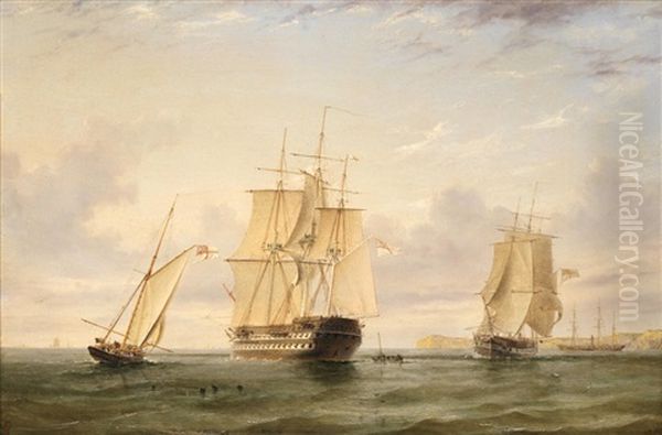 Naval Warships Off A Coast by William Frederick Settle