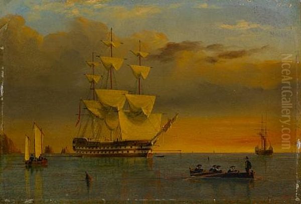 A British 74 Anchored Offshore And Drying Her Sails At Sunset by William Frederick Settle