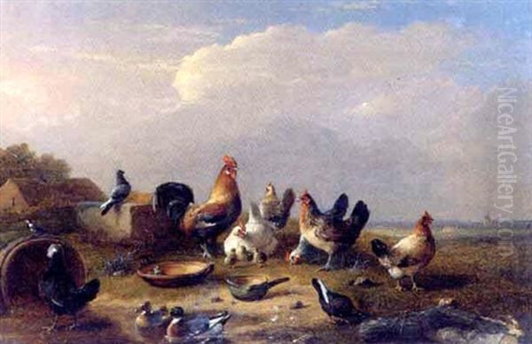 Ducks And Hens By A Pool In An Evening Landscape by Joseph Van Severdonck