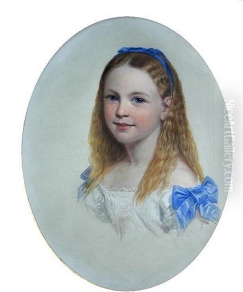 Portrait Of Miss Harriet Sidley, As Alice In Wonderland, In A Lace Dress With Blue Ribbons by Samuel Sidley