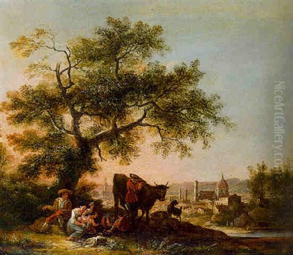 A Peasant Family Resting On A Track, A View Of Florence Beyond by Giovanni Signorini