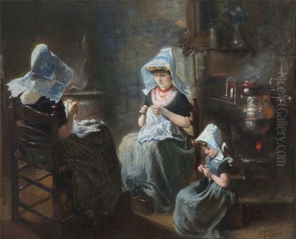 Volendams Boereninterieur Met Naaistertjes Bij Stoof Oil Painting - Max Silbert