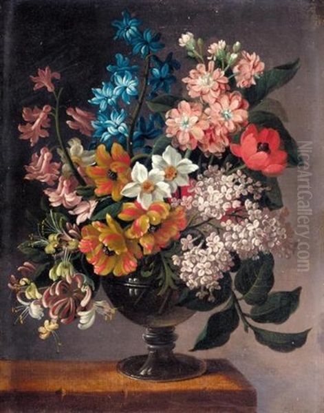 A Still Life Of Bluebells, Poppies, And Other Flowers In A Vase On A Ledge by James (Sillet) Sillett