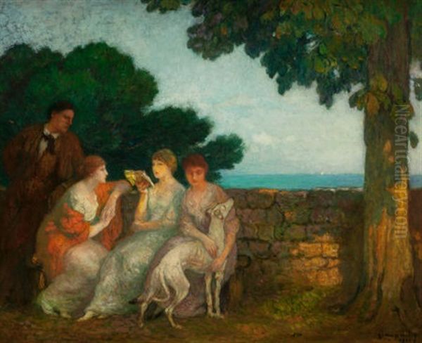 Three Maidens In Garden With Dog And Standing Gentleman by Michel Simonidy