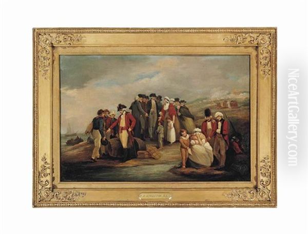 Infantry Officers And Elegantly-dressed Gentlemen With Women And Children On A Beach, Other Figures Loading Boats On The Shore, A Battle By A Fort Beyond by Henry Singleton