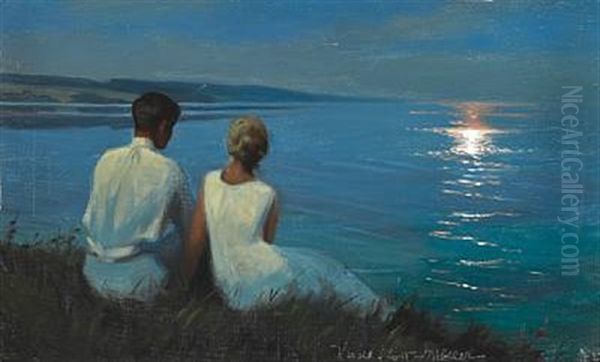 Moonlight. A Young Well Dressed Couple Watching The Moon Shining On The Surface Of The Water by Harald Slott-Moller