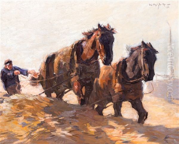 Fisherman With Horses On The Beach At Katwijk by Willy Sluijter