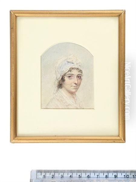 A Lady, Wearing White Dress, Fichu, Shawl And Bonnet With Blue And White Striped Ribbon by John Smart the Younger