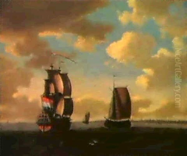 Segelschiffe Auf Ruhiger See, Im Hintergrund Die Stadt      Enkhuizen (?) by Aernout (Johann Arnold) Smit