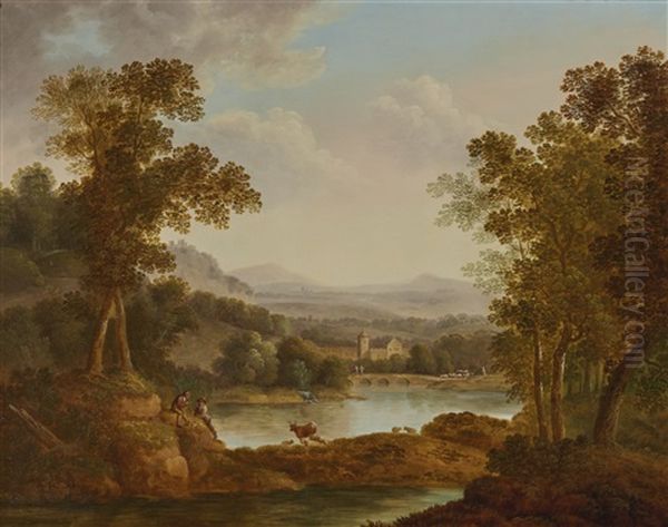 Extensive Landscape With Figures And Animals by George Smith of Chichester