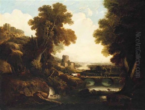 A Wooded River Landscape With Drovers And Their Herd, With Classical Ruins And A Settlement Beyond by George Smith of Chichester