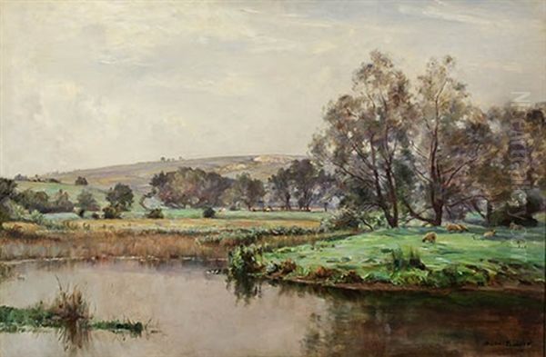 River Landscape With Sheep And Cows In A Pasture by James Herbert Snell