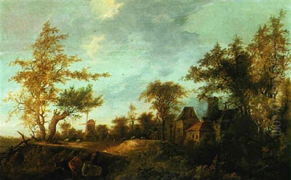 Landscape With A Drover And Cattle On The Outskirts Of A Village by Cornelis Snellinck