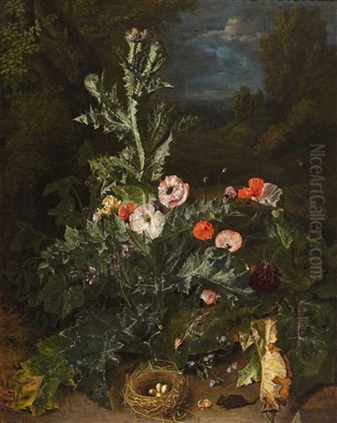 Still Life With Thistle And Nest by Peter (Petrus) Snyers