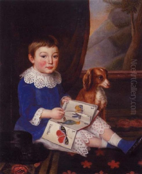 A Portrait Of A Young Boy Holding An Alphabet Book With His Dog by Adolphe Soete