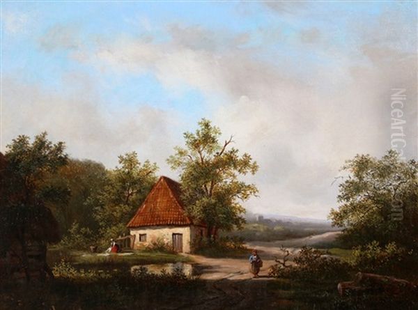 Landschap Met Vrouwen Bij Boerderij by Theodor Soeterik