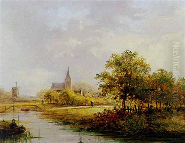 An Angler In A Summer Landscape, A Church In The Distance by Theodor Soeterik