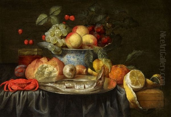 Still Life With Bread, A Crab, Fish, Fruit, And A Porcelain Dish by Joris Van Son