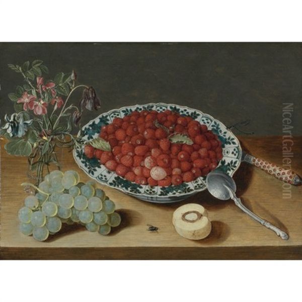 A Still Life With Strawberries In A Wan-li Porcelain Bowl, A Bunch Of Grapes, A Glass Vase With Columbines And Eglantine, A Silver Spoon, An Inlaid Knife And A Half Peach With A Fly And Dragon Fly On A Wooden Table Top by Isaac Soreau