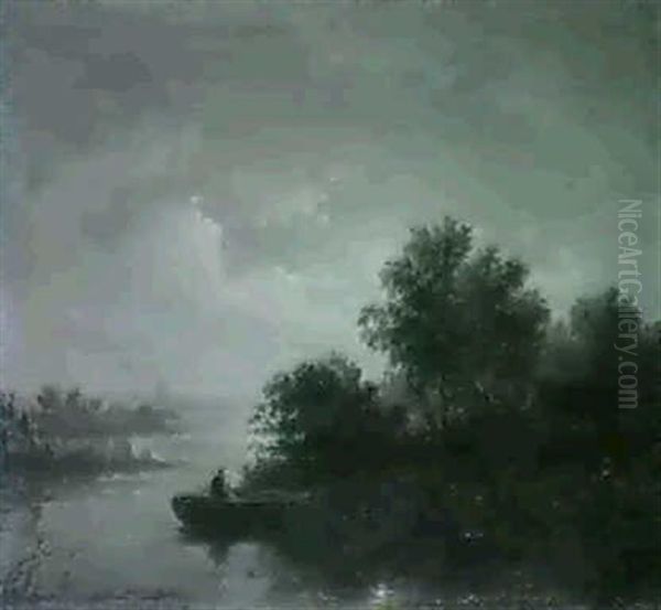 Fishing In A Moonlit River Landscape by Jacobus Loerenz Sorensen