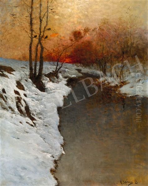 River-side In Winter With Sundown Lights by Bela Von Spanyi