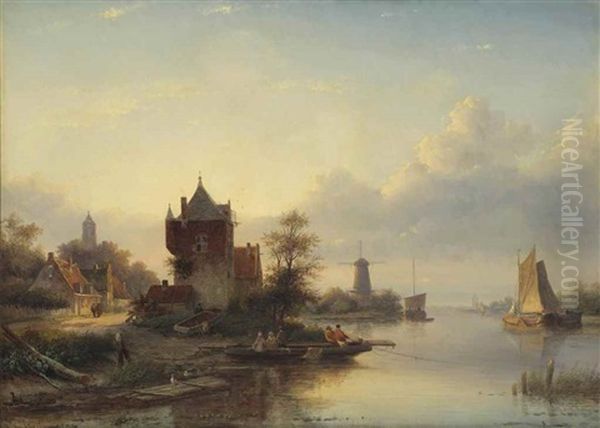 A River Landscape In Summer With A Ferry by Jan Jacob Coenraad Spohler