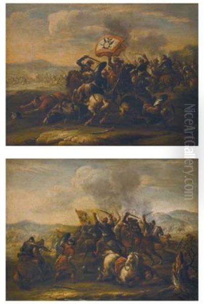 Two Battle Scenes Between Austrian Imperial Troops And Ottoman Cavalry (pair) by Ilario Spolverini