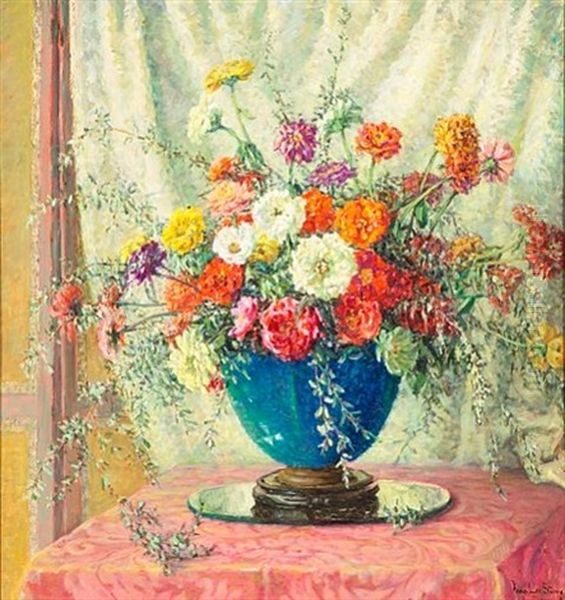 Zinnias In A Blue Vase by Anna Lee Stacey