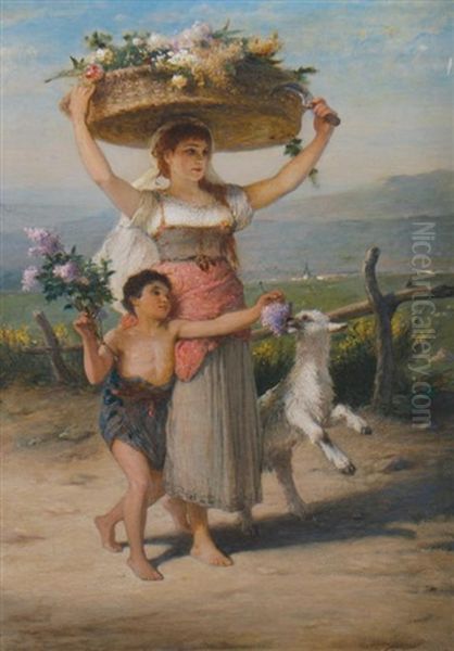 Girl Carrying A Basket Of Flowers With A Young Boy And Kid Goat By Her Side by Joseph Stallaert