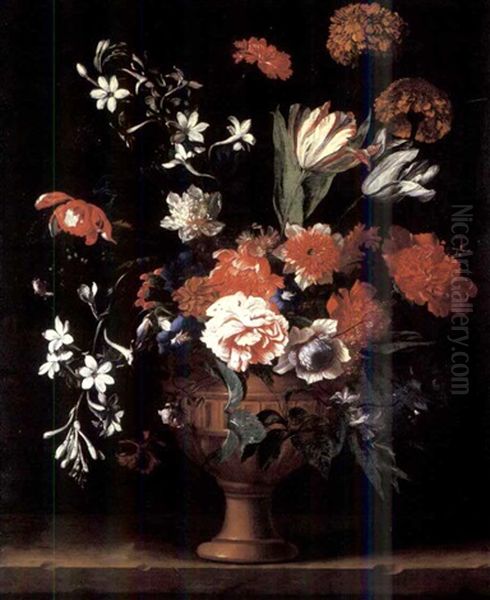 Tulips, Carnations, Primrose, Narcissi, Peonies And Morning Glory And Other Flowers In A Bronze Vessel On A Wooden Ledge by Niccolo Stanchi