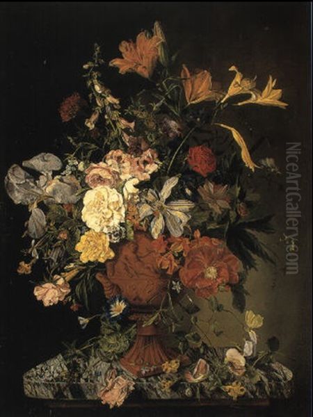 Still Life Of Flowers In Urn On Plinth With Snail And Wasp by Emily Coppin Stannard