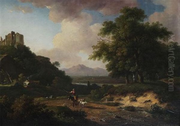 Meditarranean Landscape With Goatherd by Augustus van den Steene