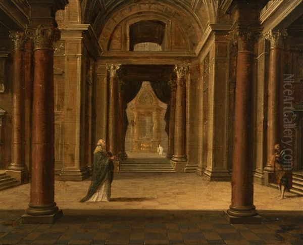 Church Interior With Figures by Hendrik Van Steenwijk