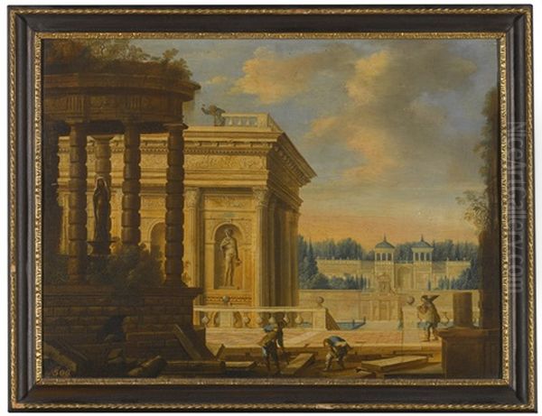 A Capriccio View Of A Classical Palace, The Grounds Being Finished By Men Setting Paving by Hendrick van Steenwyck the Younger